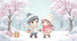 © Joko - Playful winter couple with surprise gifts. Happy kids walking through snowy wonderland. Cute scarf lovers sharing holiday presents. Cartoon boy and girl in pastel snow scene