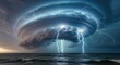 © Vladislav - Massive supercell thunderstorm with multiple bright lightning bolts striking the turbulent ocean, creating a dramatic and powerful apocalyptic weather phenomenon
