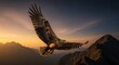 © Vladislav - Majestic brown eagle with wings spread soars gracefully over a mountain range during a dramatic golden sunset, symbolizing freedom and power