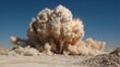 © mila103 - A powerful explosion generates a towering cloud of dust and smoke against a clear blue sky in a desert landscape during the day. The scene captures the dramatic force of the blast.