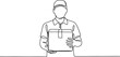 © Single Line Art - Continuous line drawing of a delivery man courier holding a cardboard package box, representing fast shipping and express service. isolated artwork. Vector, illustration