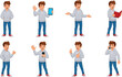 © Jisan World - Young male character in hoodie, animated poses, reading, using smartphone, gesturing, smiling, cartoon style illustration for communication and design