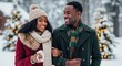 © Nouhaila - Couple enjoys a snowy winter walk with christmas trees in the background sharing smiles and festive cheer during the holiday season in a winter wonderland