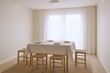 © The Little Hut - Minimalist Dining Room Interior with Neutral Tones, Wooden Furniture, and Soft Natural Light