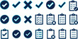 © Icon & Png King - A graphic collection of dark blue and teal checkmark icons, cross marks, and clipboard icons representing approved and rejected tasks on white background
