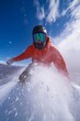 © Aquir - Snowboarder speeding down mountain, kicking up fresh snow under bright clear sky. Snowboarding banner