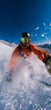 © Aquir - Snowboarder speeding down mountain, kicking up fresh snow under bright clear sky. Snowboarding banner