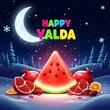 © AthenaGrafix - happy yalda night greeting card, watermelon and pomegranate in winter night with moon in the sky text