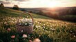 © Najib - A wicker basket filled with white flowers sits in a field of wildflowers on a grassy hillside, bathed in the warm light of a sunset.