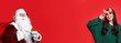 © New Africa - Christmas banner design with Santa Claus and happy women on red background. Space for text