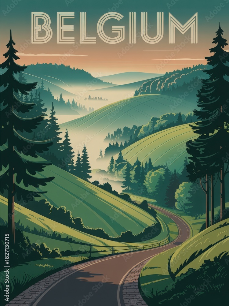 Lush green hills and towering trees create a peaceful landscape in Belgium. A winding road cuts through the serene scene under a colorful sunset sky, inviting exploration and tranquility.