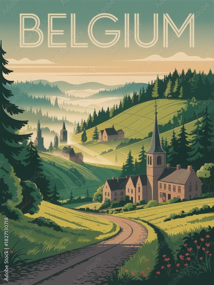 A picturesque scene of Belgium shows lush green hills under a fading sunset. A winding path leads to a charming village with a church steeple in the distance.