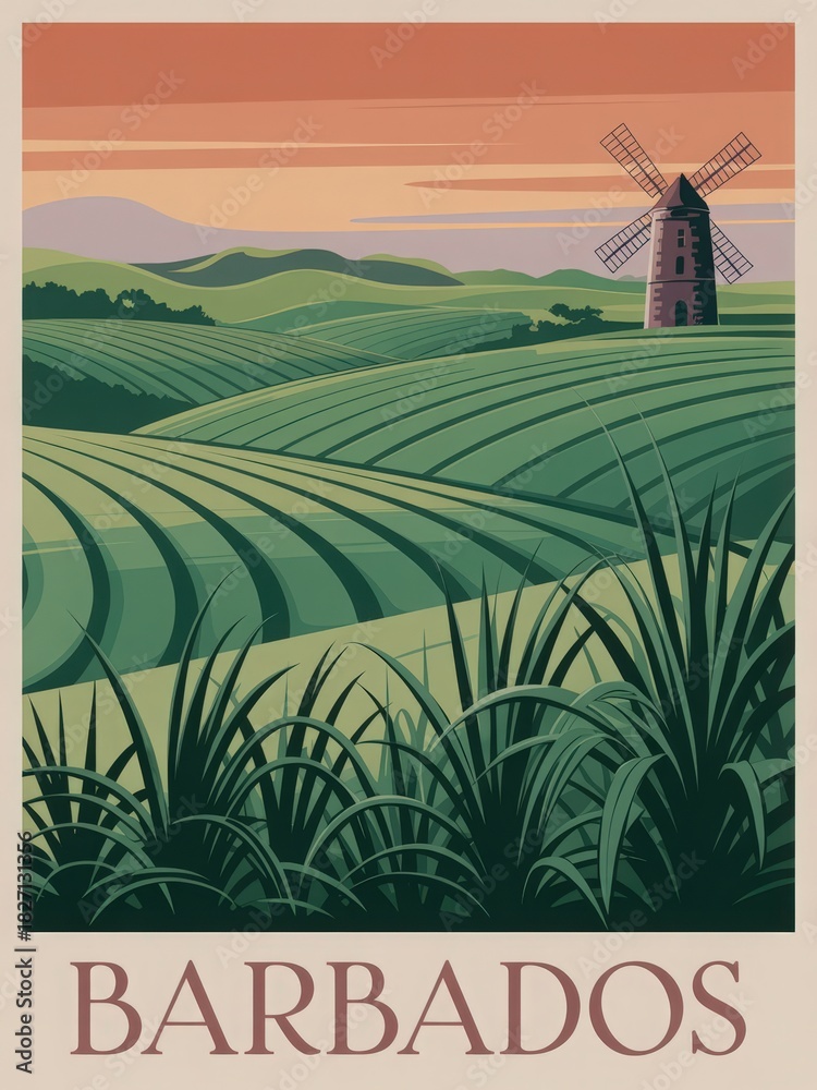 Rolling green hills stretch across the landscape, featuring a quaint windmill against a warm twilight sky. The peaceful scene captures the natural beauty of Barbados at dusk.