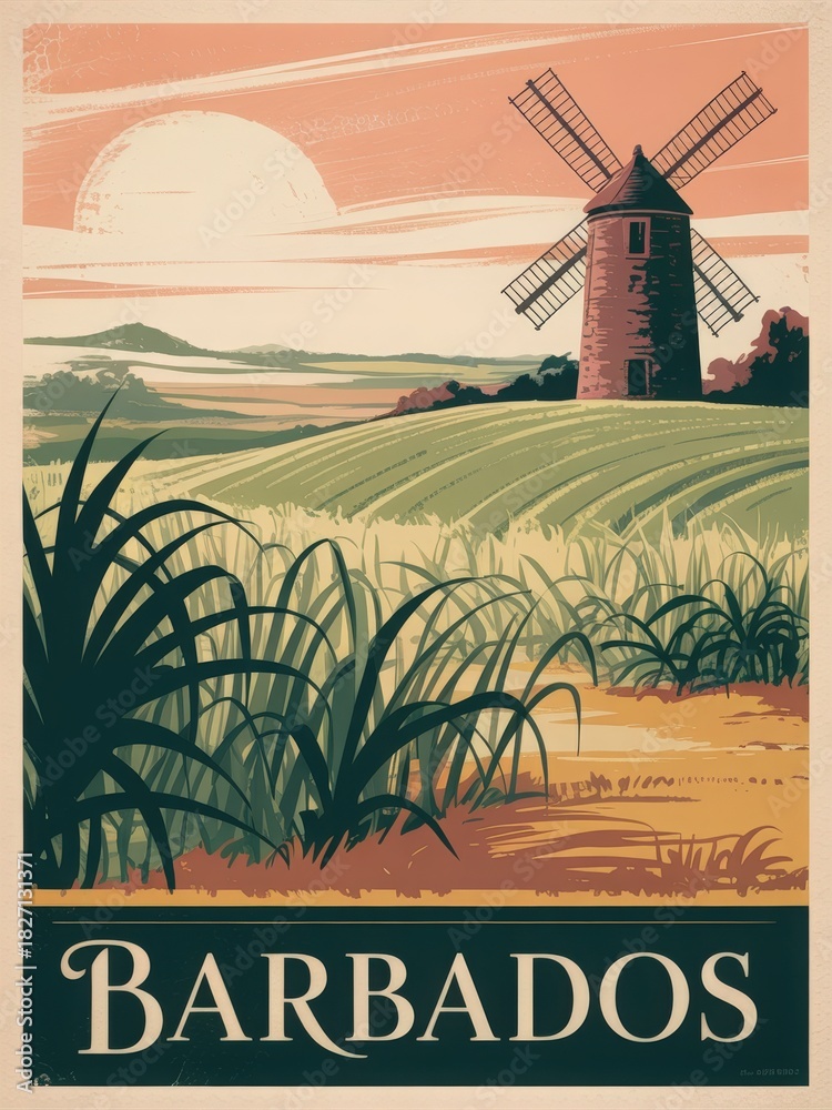 Windmill stands tall amidst green fields in Barbados, illuminated by a warm sunset. The serene landscape showcases the beauty of nature with soft hills in the background and lush vegetation nearby.