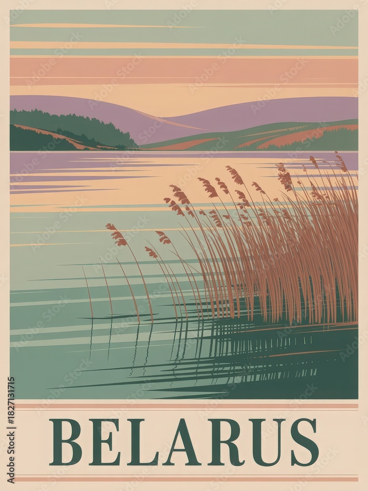 This picturesque view showcases the calm waters of a lake in Belarus, surrounded by gentle hills and tall grasses. The warm colors of the sunset reflect on the surface, creating a serene atmosphere.