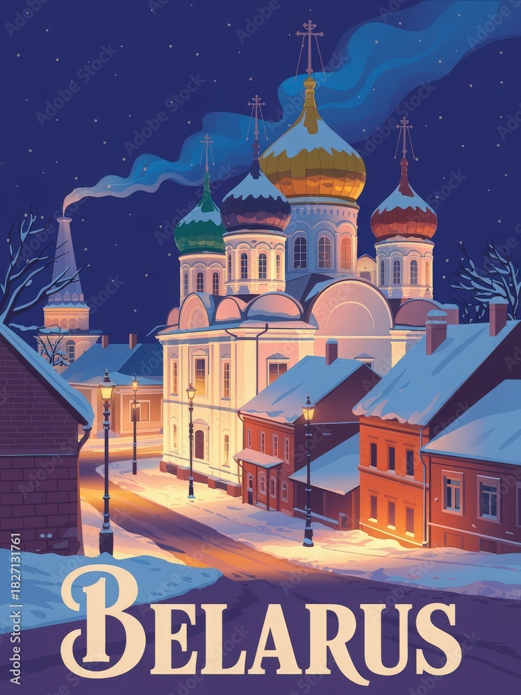 A beautiful winter night in Belarus features vibrant church domes shining against a dark sky. Snow-covered houses line the peaceful street, lit by soft lamps.