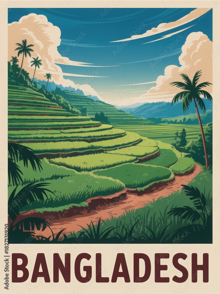 This beautiful scenery showcases lush, green terraced fields in Bangladesh. Tall palm trees line the path leading through the hills, with fluffy clouds scattered in a clear blue sky.