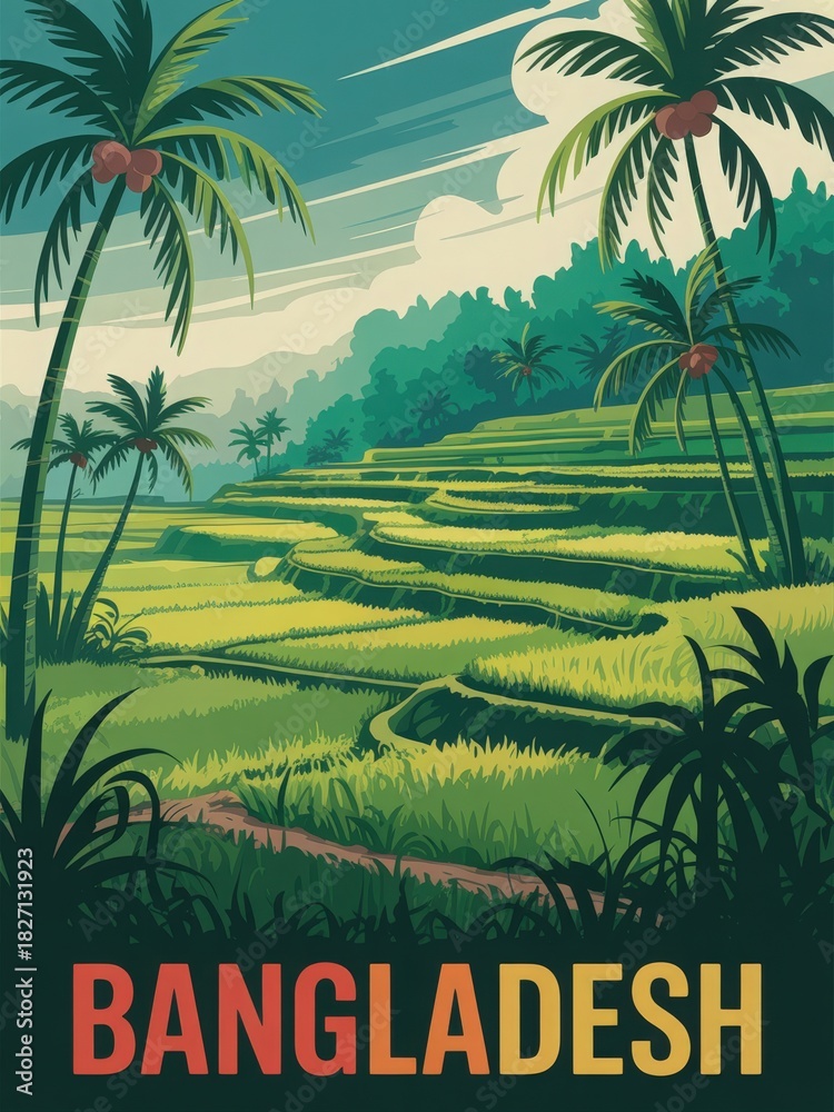Rice terraces spread across the landscape in Bangladesh, framed by tall palm trees. Lush greenery fills the fields, creating a serene atmosphere under a bright sky.