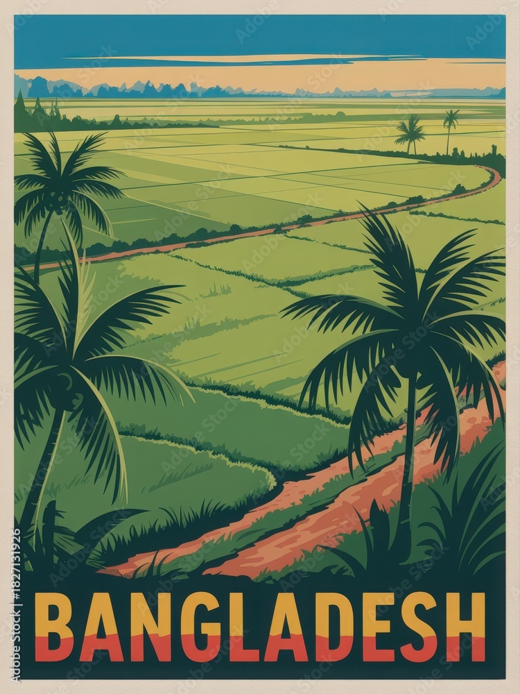 This scene showcases the green fields of Bangladesh stretching across the landscape. Palm trees frame a sandy pathway leading through the rice paddies, creating a serene and picturesque view.