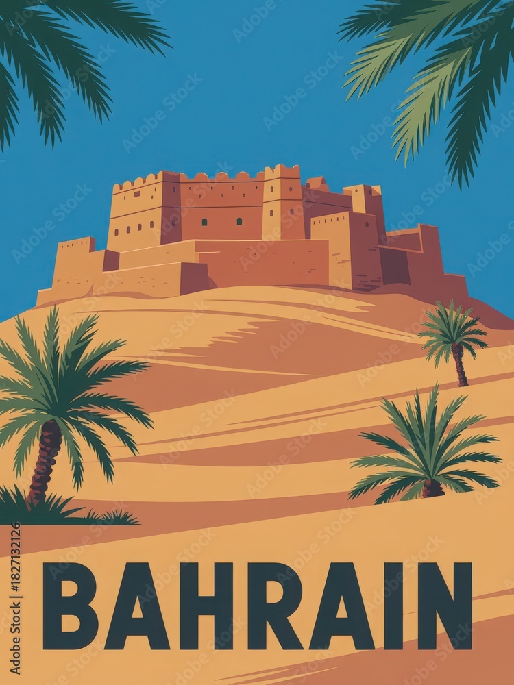 A majestic fortress in Bahrain is showcased against a bright blue sky. Surrounded by golden sands, palm trees add a tropical feel to this stunning landscape, capturing the essence of the region.