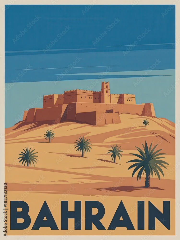 This artwork features a stunning historic fort set on a sandy landscape in Bahrain. Palm trees sway gently in the foreground under a bright sky, capturing the essence of the regions beauty.
