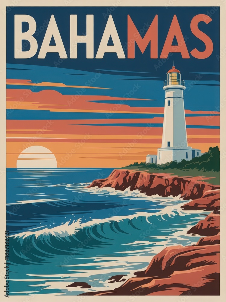 A tall lighthouse stands on a rocky coastline as the sun sets over the Bahamas. Waves crash against the shore, creating a beautiful scene filled with vibrant colors.