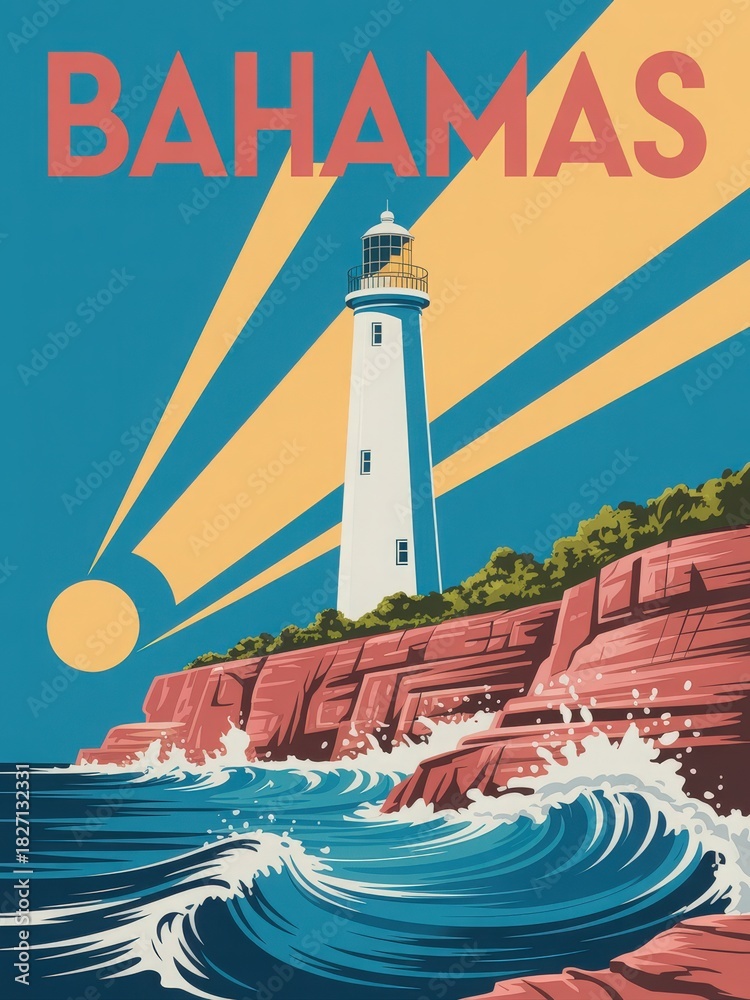 Brightly colored lighthouse stands tall on rugged cliffs against a vibrant sunset in the Bahamas. Ocean waves crash against the rocks, capturing the beauty of this serene coastal scene.