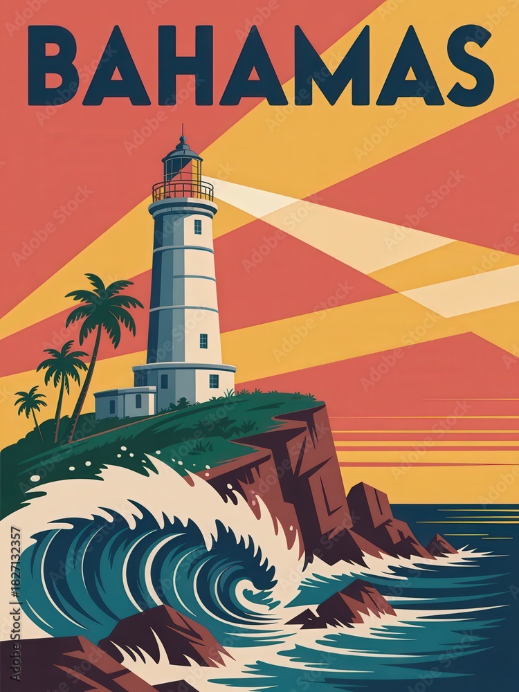 A tall lighthouse stands on a rocky cliff in the Bahamas, casting light over the ocean waves. Palm trees frame the scene, enhancing the tropical atmosphere during sunset.