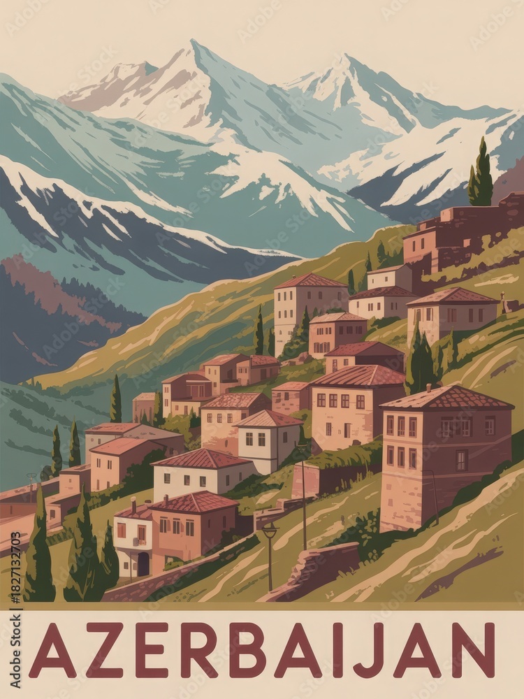 Nestled among green hills, traditional buildings make up a picturesque village in Azerbaijan. Snow-capped mountains rise majestically in the background under a clear sky.