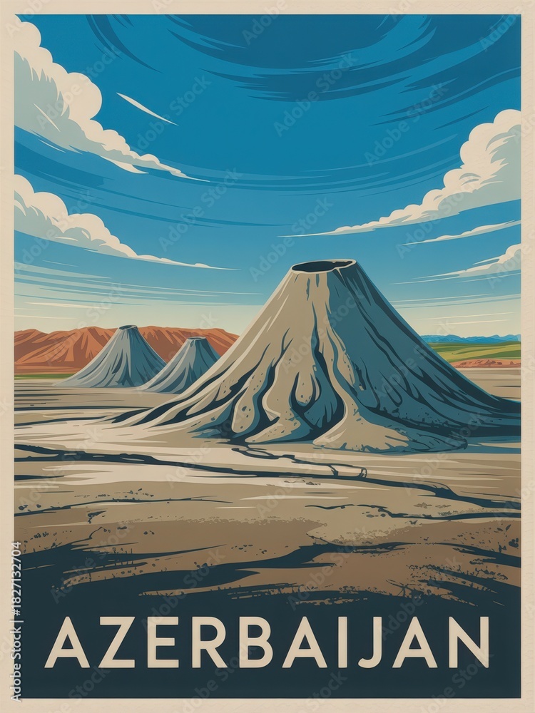 The unique mud volcanoes of Azerbaijan against a backdrop of rolling hills and a clear blue sky. The formations exhibit intriguing textures and shapes, inviting exploration.