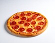 © syahfa - Perfectly round pizza with pepperoni and cheese on a white backdrop