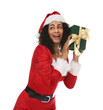 © New Africa - Beautiful woman in Mrs Claus costume with gift box on white background. Christmas season