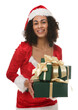 © New Africa - Beautiful woman in Mrs Claus costume with Christmas gifts on white background