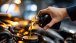 © Laura - Fresh oil addition, engine maintenance closeup, performance improvement process, motor oil pouring carefully, smooth operation ensuring, automotive care moment, faceless hands work