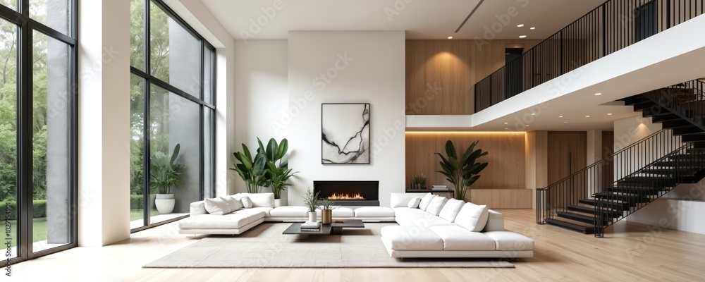 Luxurious modern living room interior. Spacious design includes large ...