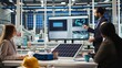 © DC Studio - Photovoltaics factory experts doing research developments for renewable energy solutions. Investors and managers collaborate in solar panel plant, discussing strategic investments, camera A