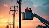Two electricians work on power lines from a boom truck at dusk. They wear hard hats and vests against a colorful sunset sky. Utility workers maintain electricity infrastructure high above.