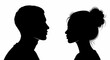 © Muginandaru - Silhouette profiles of a man and a woman facing each other, symbolizing connection, relationship, and human interaction, against a stark white background