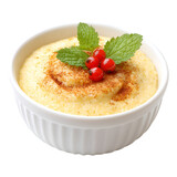 Delicious creme brulee dessert with fresh mint and red currants