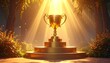 © Street - Golden trophy illuminated by sunbeams on a circular pedestal, forest background