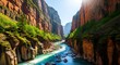 © Imas - Majestic river flowing through a sun-drenched canyon, revealing vibrant green foliage and stunning red rock formations