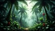 © vivekFx - Misty tropical forest path with palm trees and lush greenery