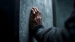 © kirania - Close-up of a persons hand pressed against a dark, textured wall in a dimly lit environment, conveying a sense of despair or confinement.
