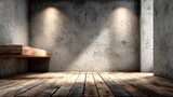 Plain cement wall and wooden floor in cinematic animated movie style with creative texture, dramatic lighting, realistic depth, minimal interior background for design and visual concept