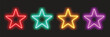 © Sahajahan - Set of Colorful Neon Star Icons. Glowing Red, Teal, Gold, and Purple Star Shapes for Rating, Nightclub, and Retro Design