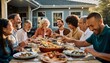 © Muhammad - Group of Diverse People Enjoying Outdoor Dinner Party in Backyard with Sunset Lighting