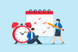 © VZ_Art - Flat illustration of businessman planning and businesswoman marking tasks on large calendar with alarm clock symbolizing time management deadline tracking and organized work schedule