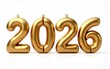 © wu - Happy New Year 2026 text design. 3d gold font. Inflatable letters with metal effect. Golden bubble typeface. Volumetric inscription 2026 isolated on transparent background. High quality
