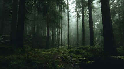  Misty Forest Path with Towering Trees and Lush Green Undergrowth.