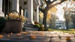 © rahma - A wicker basket filled with white and yellow flowers sits on a stone porch, surrounded by fallen autumn leaves. Soft sunlight filters through trees in the backg